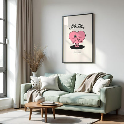 "Self Love Heart" features a charming, retro-inspired illustration of a pink heart with a playful f… for living room