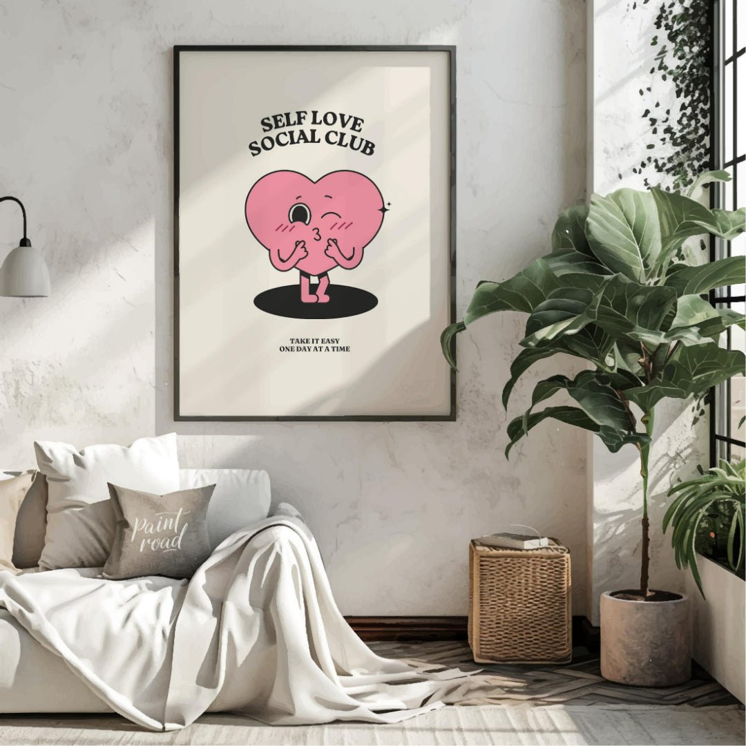 "Self Love Heart" features a charming, retro-inspired illustration of a pink heart with a playful f… for living room