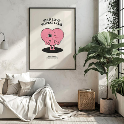 "Self Love Heart" features a charming, retro-inspired illustration of a pink heart with a playful f… for living room