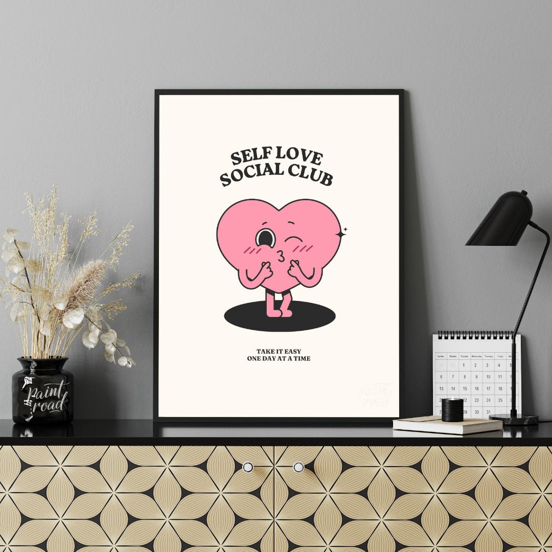 "Self Love Heart" features a charming, retro-inspired illustration of a pink heart with a playful f… for office