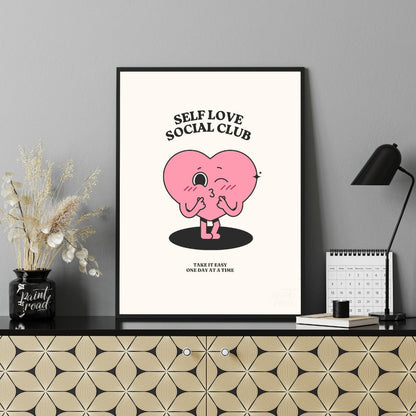 "Self Love Heart" features a charming, retro-inspired illustration of a pink heart with a playful f… for office