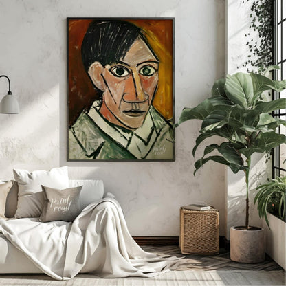 This stark and powerful “Self-Portrait” by Pablo Picasso, painted in 1907, is a pivotal work that m… for living room