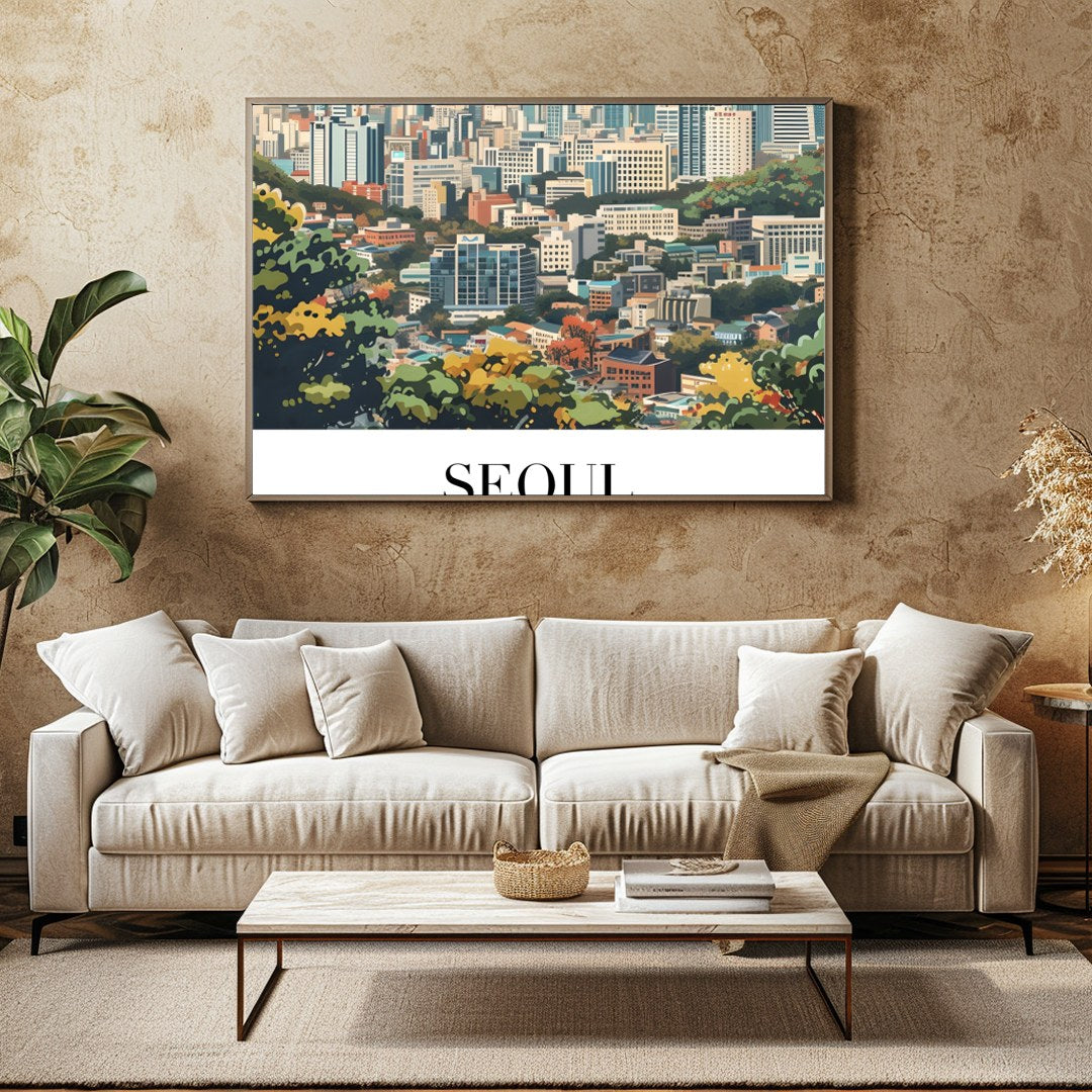 Embrace the tranquility of the cityscape with 'Seoul Skyline Serenity.' This captivating artwork for Family Room