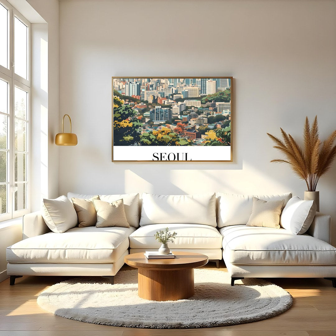 Embrace the tranquility of the cityscape with 'Seoul Skyline Serenity.' This captivating artwork for Living Room