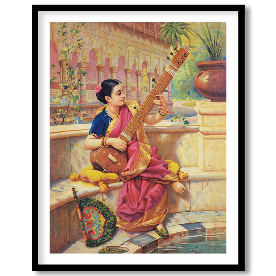 This captivating artwork depicts a young woman engrossed in playing a sitar, nestled in a vibrant for abode