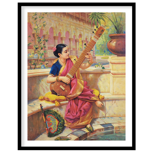 This captivating artwork depicts a young woman engrossed in playing a sitar, nestled in a vibrant for abode