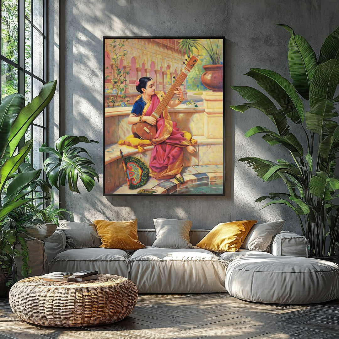 This captivating artwork depicts a young woman engrossed in playing a sitar, nestled in a vibrant for Balcony