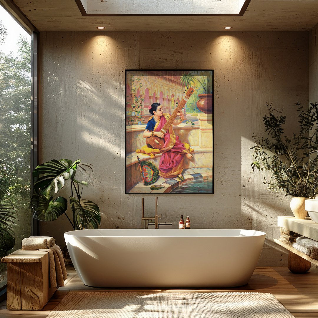 This captivating artwork depicts a young woman engrossed in playing a sitar, nestled in a vibrant for Bathroom
