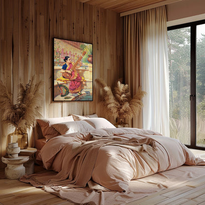 This captivating artwork depicts a young woman engrossed in playing a sitar, nestled in a vibrant for Bedroom