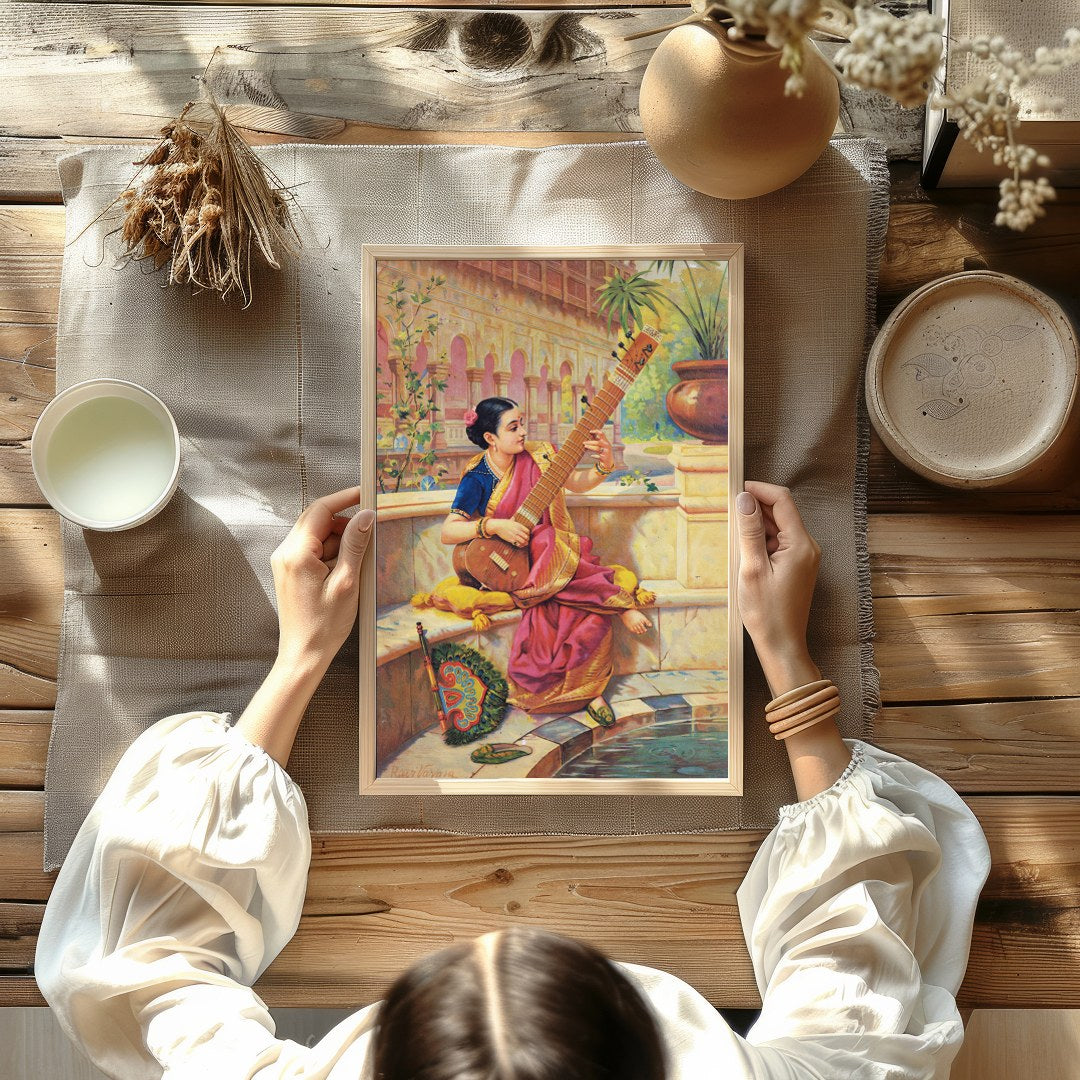 This captivating artwork depicts a young woman engrossed in playing a sitar, nestled in a vibrant for decor