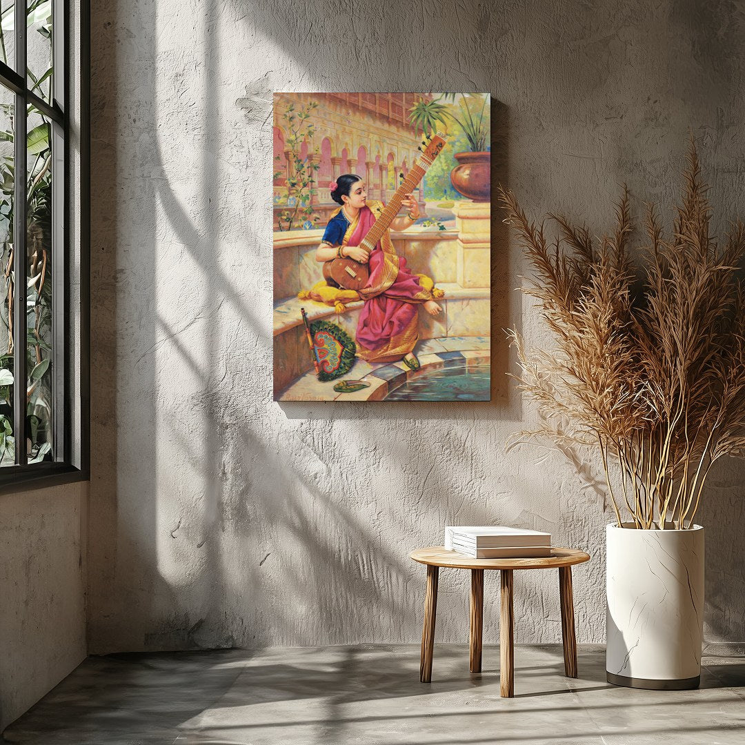 This captivating artwork depicts a young woman engrossed in playing a sitar, nestled in a vibrant for Entrance