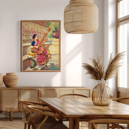This captivating artwork depicts a young woman engrossed in playing a sitar, nestled in a vibrant for Extra Kitchen