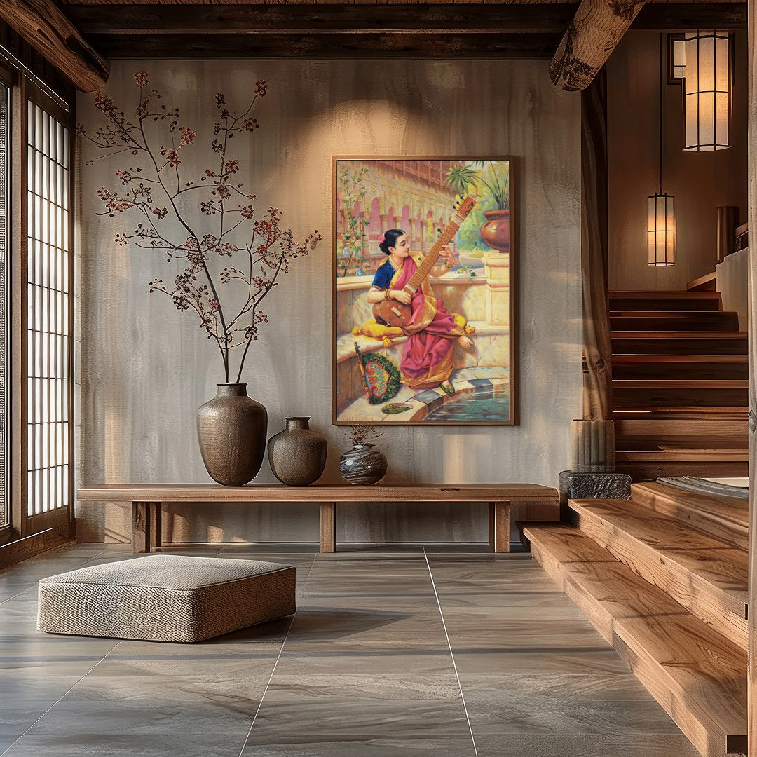 This captivating artwork depicts a young woman engrossed in playing a sitar, nestled in a vibrant for Hall