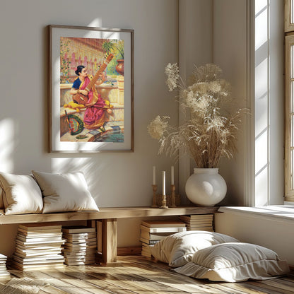 This captivating artwork depicts a young woman engrossed in playing a sitar, nestled in a vibrant for interior