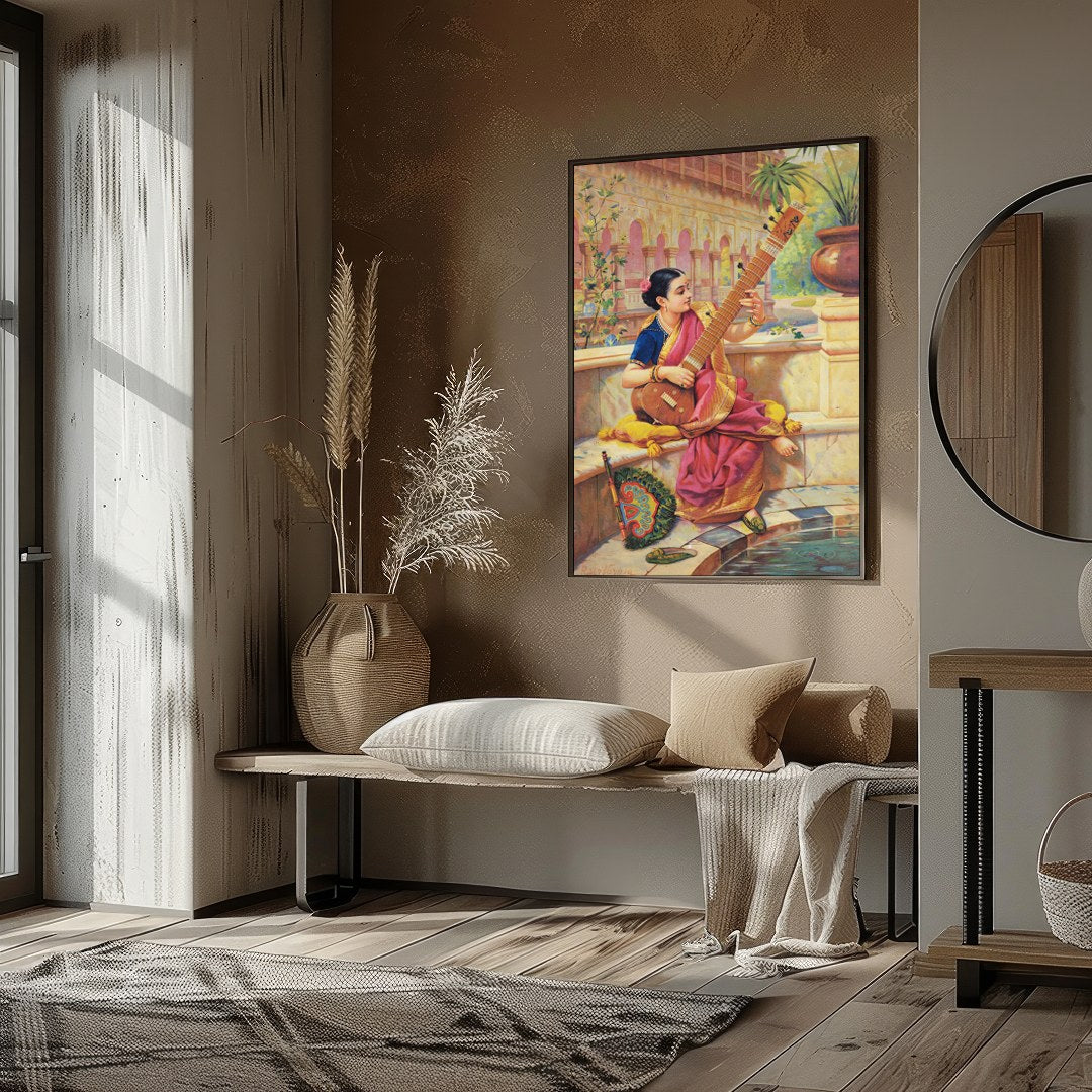 This captivating artwork depicts a young woman engrossed in playing a sitar, nestled in a vibrant for kitchen