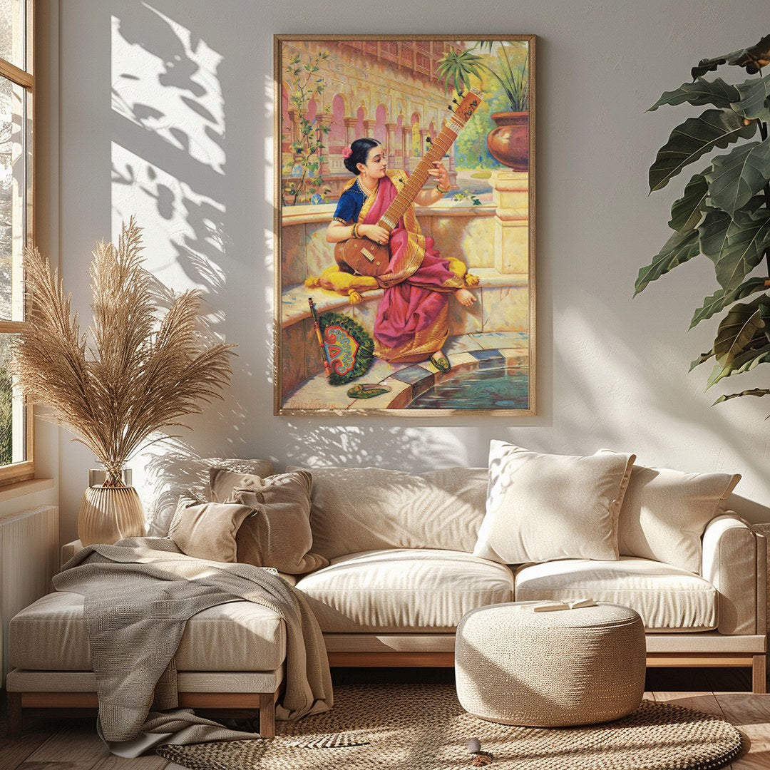 This captivating artwork depicts a young woman engrossed in playing a sitar, nestled in a vibrant for Sitting Area