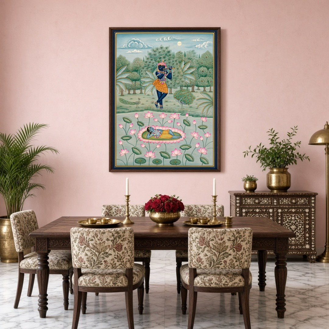 Delve into the serenity of Lord Krishna's world with this exquisite piece of Pichwai art. Capturing for Dining