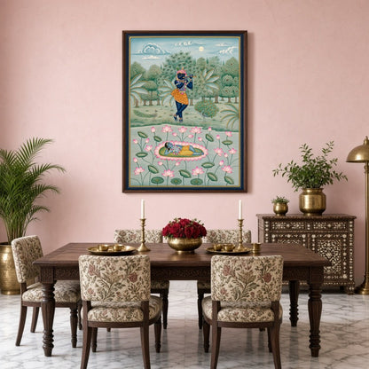 Delve into the serenity of Lord Krishna's world with this exquisite piece of Pichwai art. Capturing for Dining