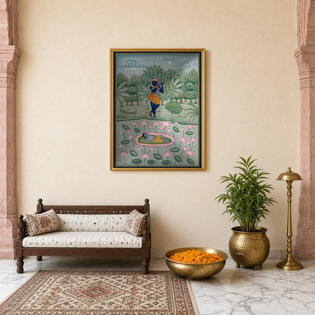Delve into the serenity of Lord Krishna's world with this exquisite piece of Pichwai art. Capturing for Entrance