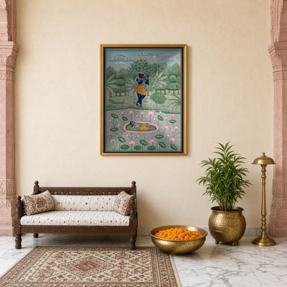 Delve into the serenity of Lord Krishna's world with this exquisite piece of Pichwai art. Capturing for Entrance