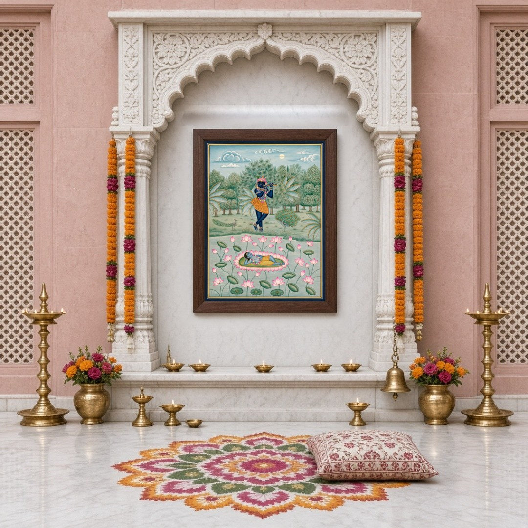 Delve into the serenity of Lord Krishna's world with this exquisite piece of Pichwai art. Capturing for Home Temple