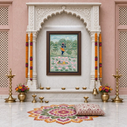 Delve into the serenity of Lord Krishna's world with this exquisite piece of Pichwai art. Capturing for Home Temple