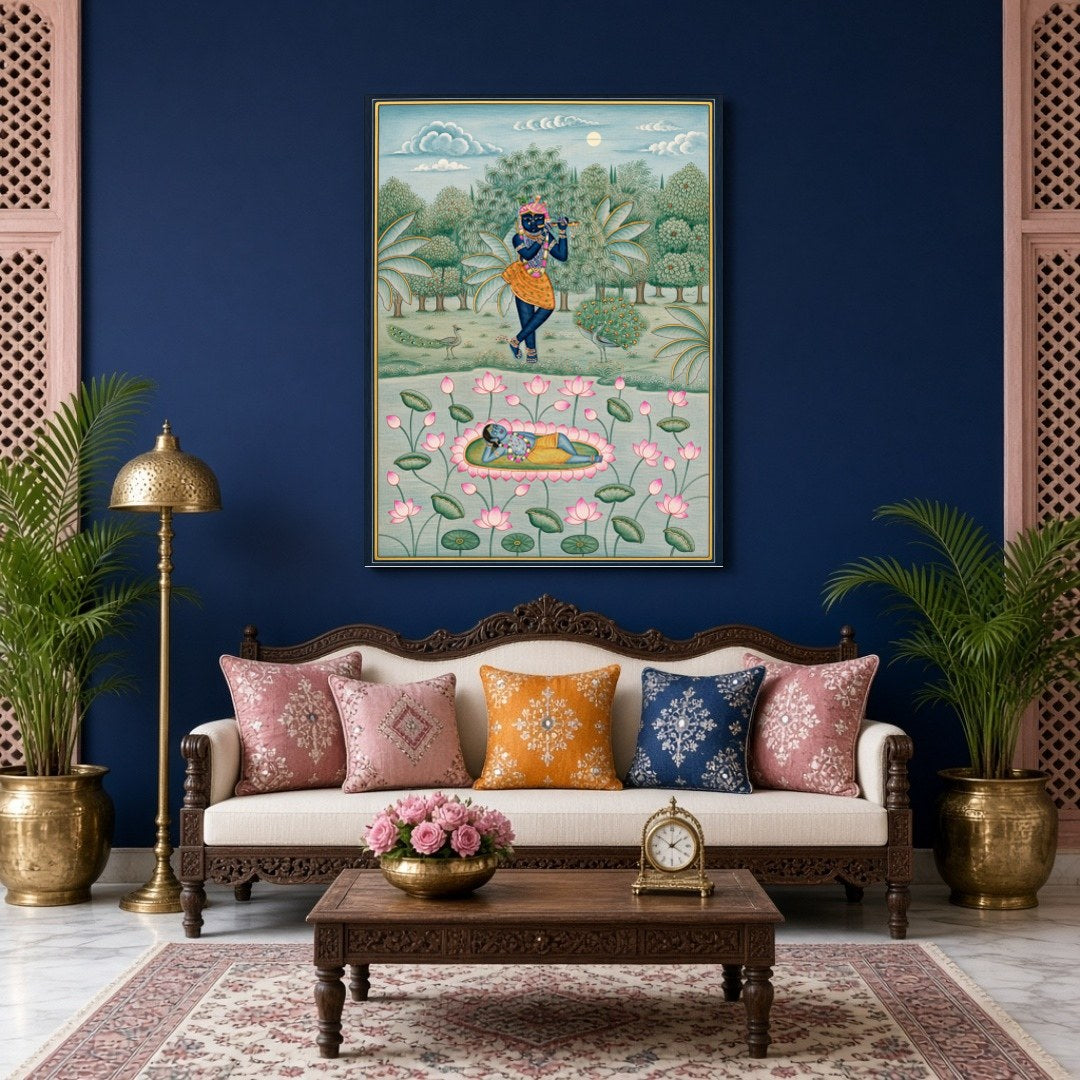 Delve into the serenity of Lord Krishna's world with this exquisite piece of Pichwai art. Capturing for Living Room