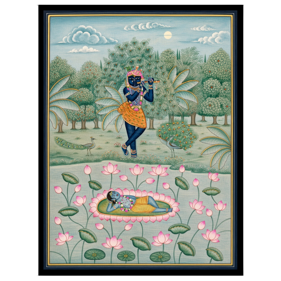 Delve into the serenity of Lord Krishna's world with this exquisite piece of Pichwai art. Capturing for studio
