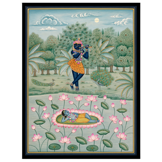 Delve into the serenity of Lord Krishna's world with this exquisite piece of Pichwai art. Capturing for studio