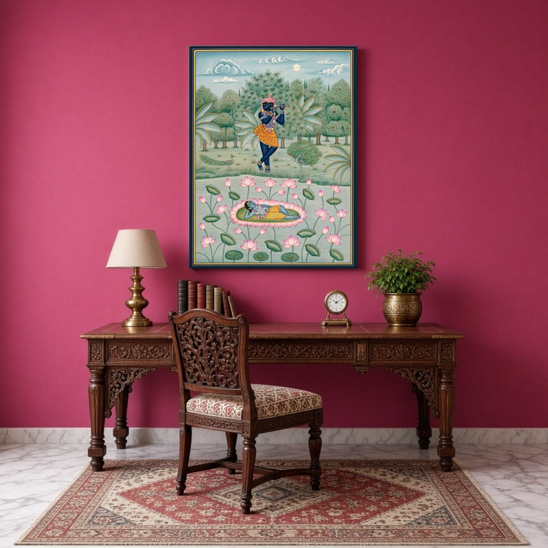 Delve into the serenity of Lord Krishna's world with this exquisite piece of Pichwai art. Capturing for Study