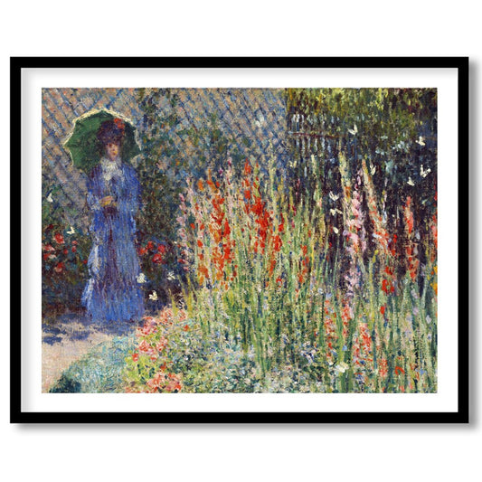 Immerse yourself in the tranquil beauty of a sunlit garden in full bloom. This exquisite artwork for abode