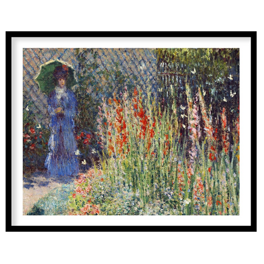 Immerse yourself in the tranquil beauty of a sunlit garden in full bloom. This exquisite artwork for abode