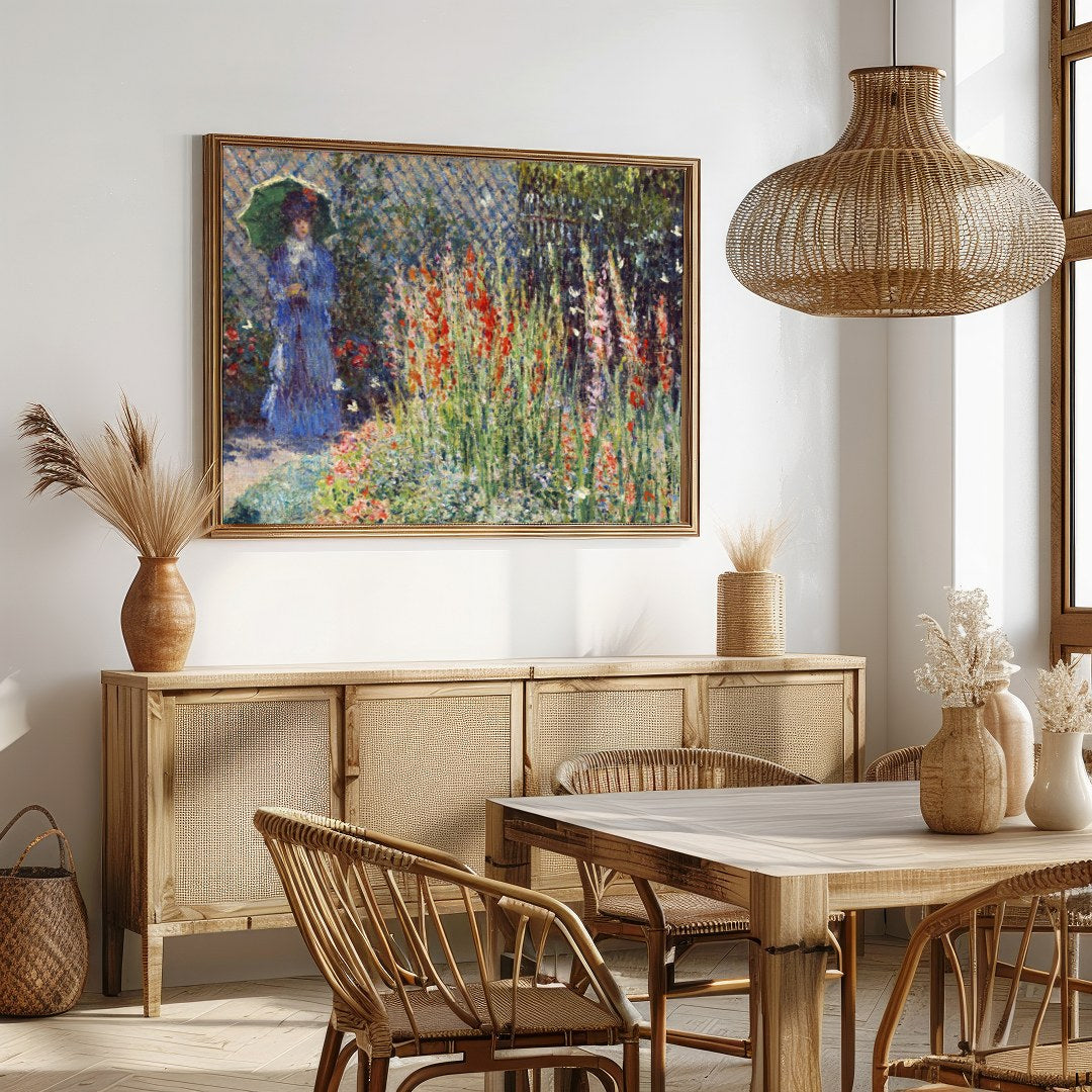 Immerse yourself in the tranquil beauty of a sunlit garden in full bloom. This exquisite artwork for Dining