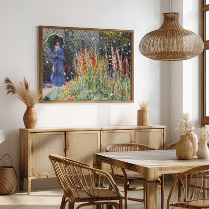 Immerse yourself in the tranquil beauty of a sunlit garden in full bloom. This exquisite artwork for Dining
