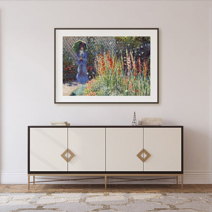 Immerse yourself in the tranquil beauty of a sunlit garden in full bloom. This exquisite artwork for Foyer