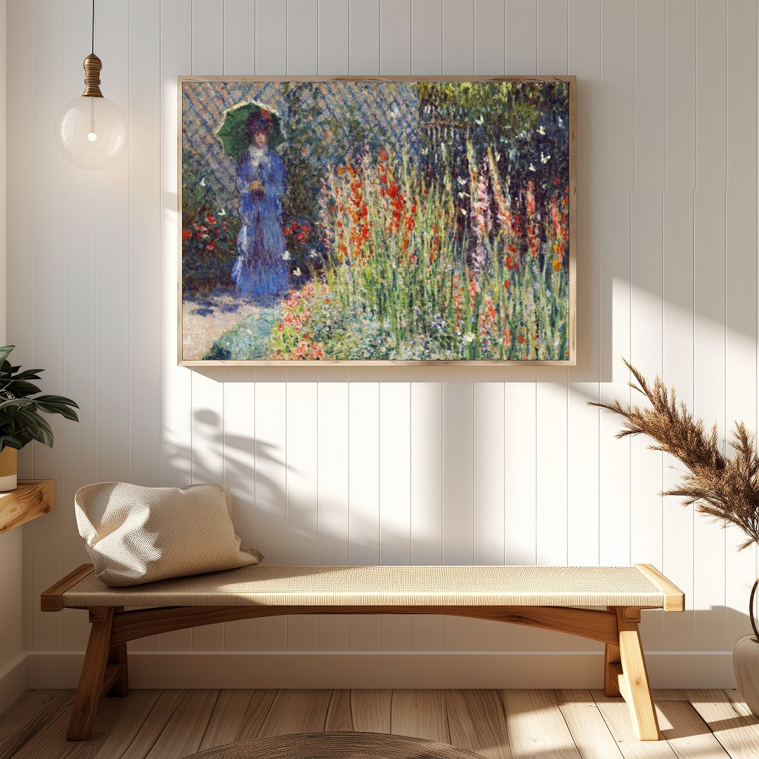 Immerse yourself in the tranquil beauty of a sunlit garden in full bloom. This exquisite artwork for Hallway
