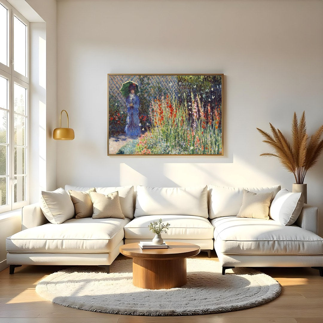 Immerse yourself in the tranquil beauty of a sunlit garden in full bloom. This exquisite artwork for Living Room