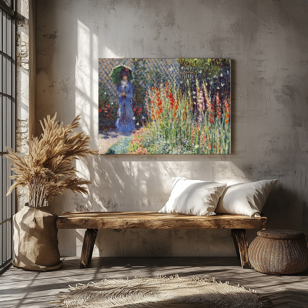 Immerse yourself in the tranquil beauty of a sunlit garden in full bloom. This exquisite artwork for Veranda