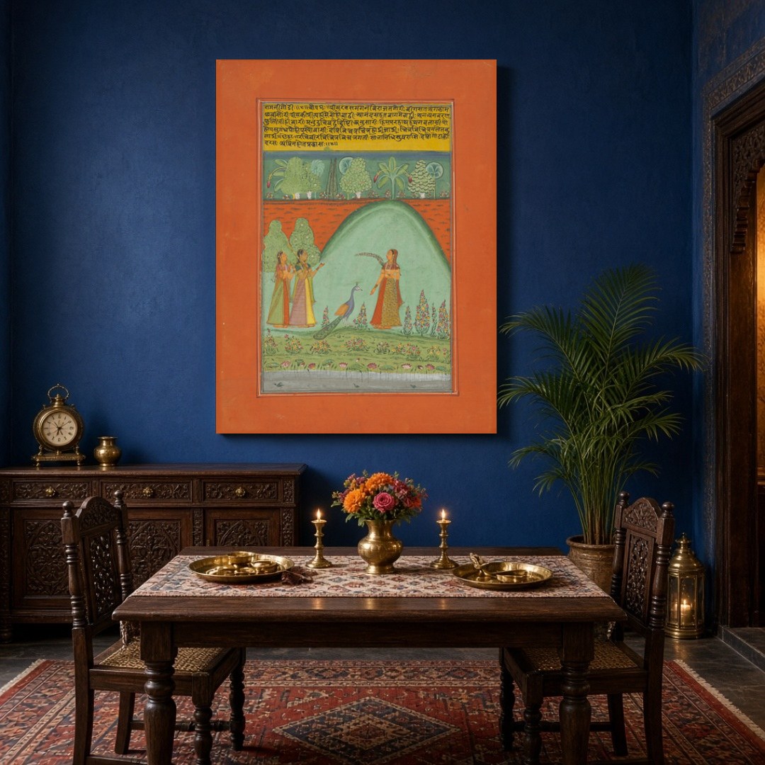 Immerse yourself in a timeless Ragamala tableau where three elegant women convene in a lush, for Dining