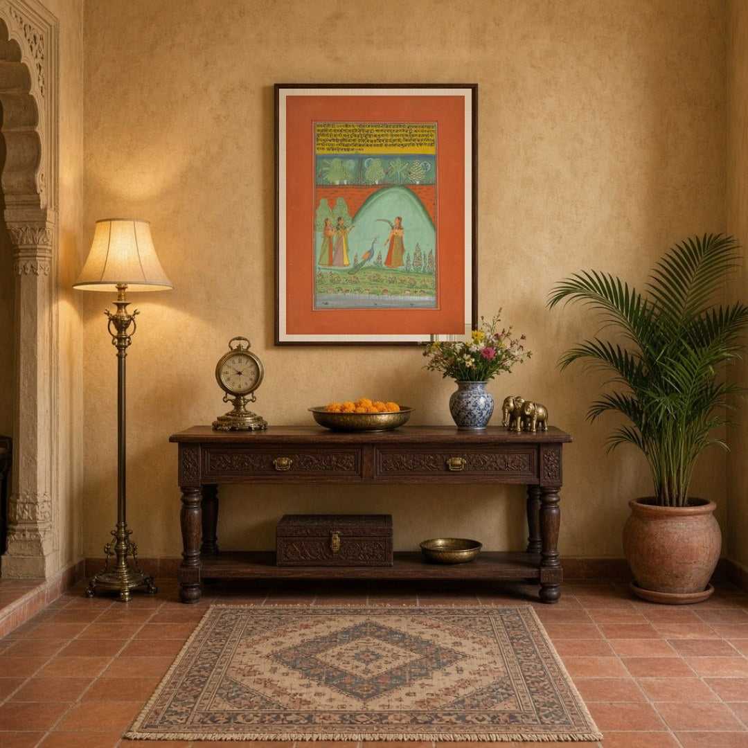 Immerse yourself in a timeless Ragamala tableau where three elegant women convene in a lush, for Entrance