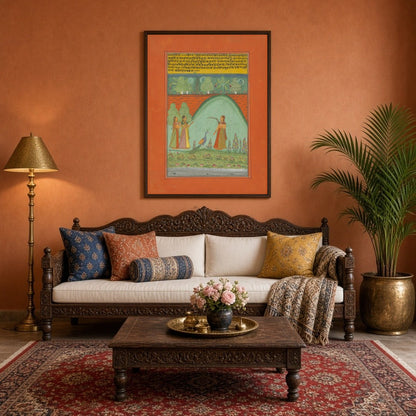 Immerse yourself in a timeless Ragamala tableau where three elegant women convene in a lush, for Living Room