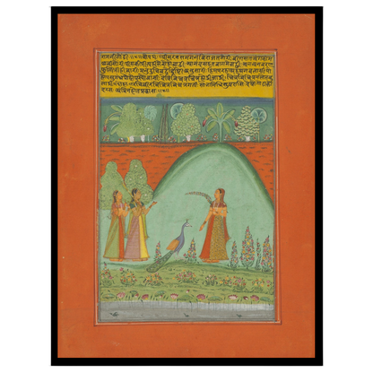 Immerse yourself in a timeless Ragamala tableau where three elegant women convene in a lush, for residence