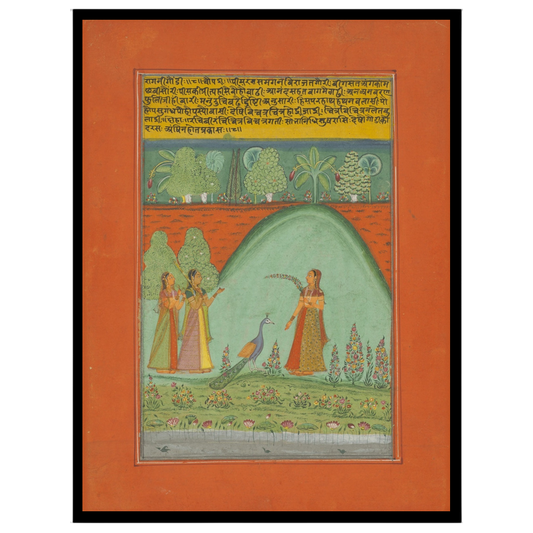 Immerse yourself in a timeless Ragamala tableau where three elegant women convene in a lush, for residence