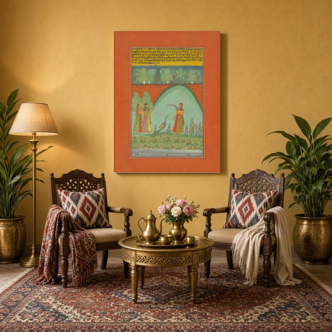 Immerse yourself in a timeless Ragamala tableau where three elegant women convene in a lush, for Sitting Area