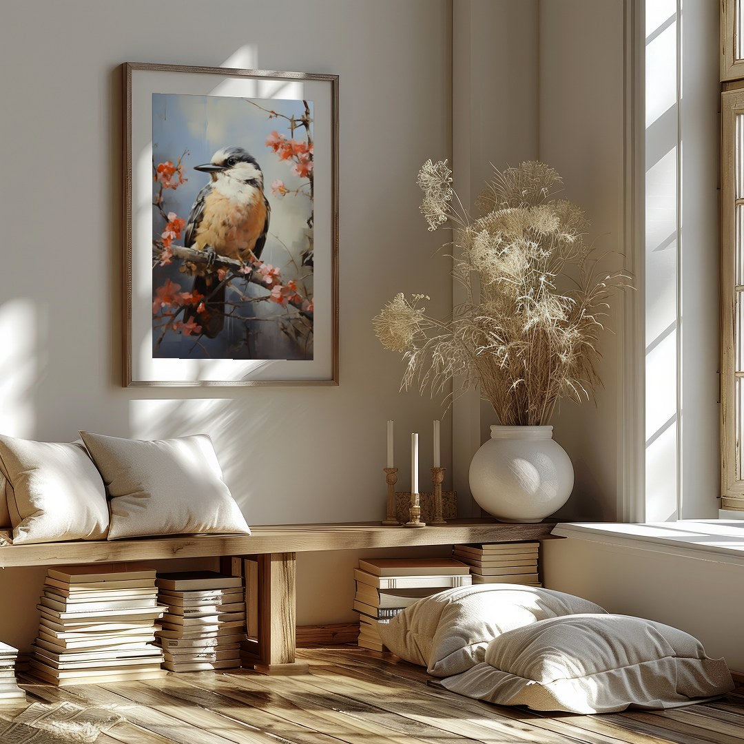 Enchant your space with 'Serenade of the Spring Bird,' a captivating artwork capturing a bird for area