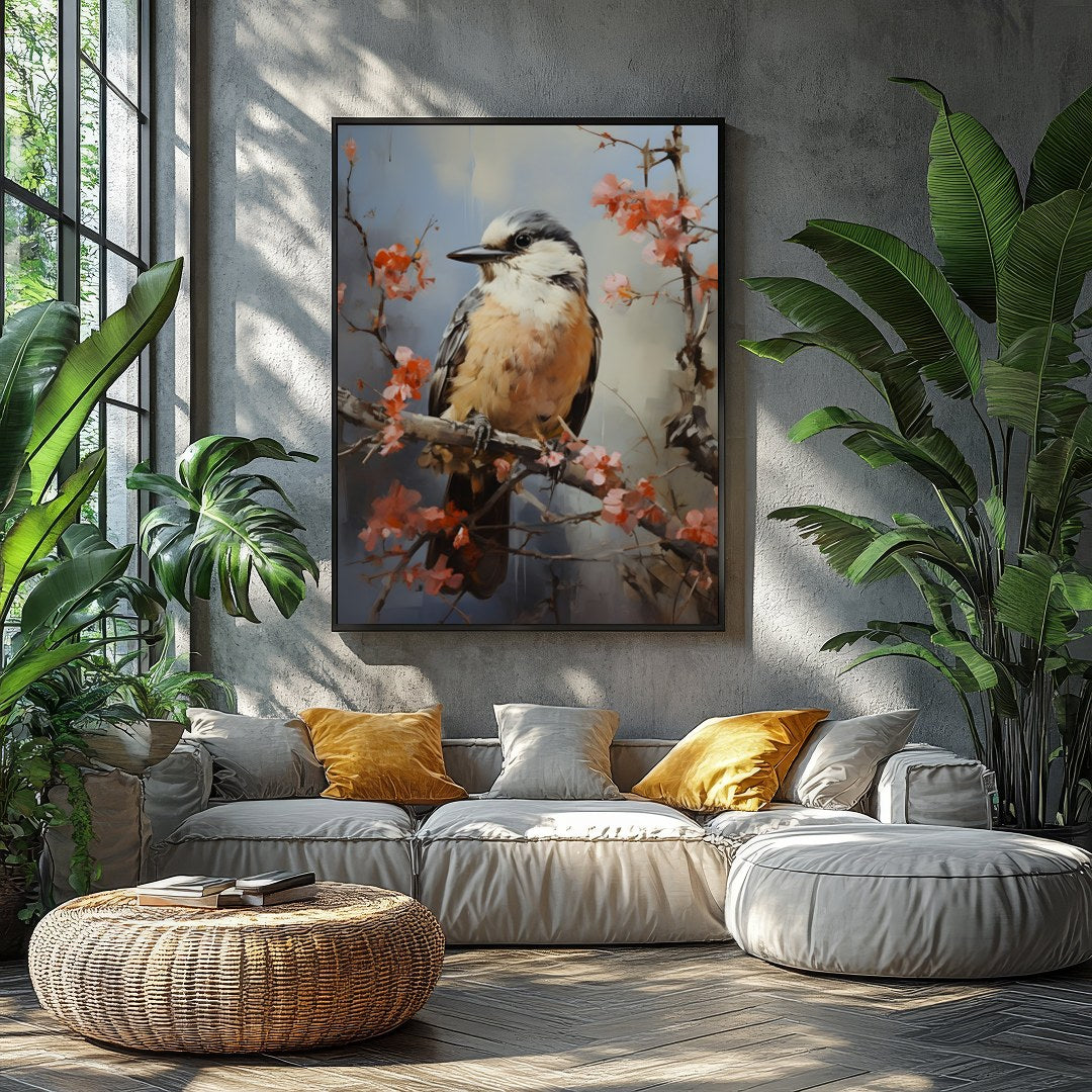 Enchant your space with 'Serenade of the Spring Bird,' a captivating artwork capturing a bird for Balcony