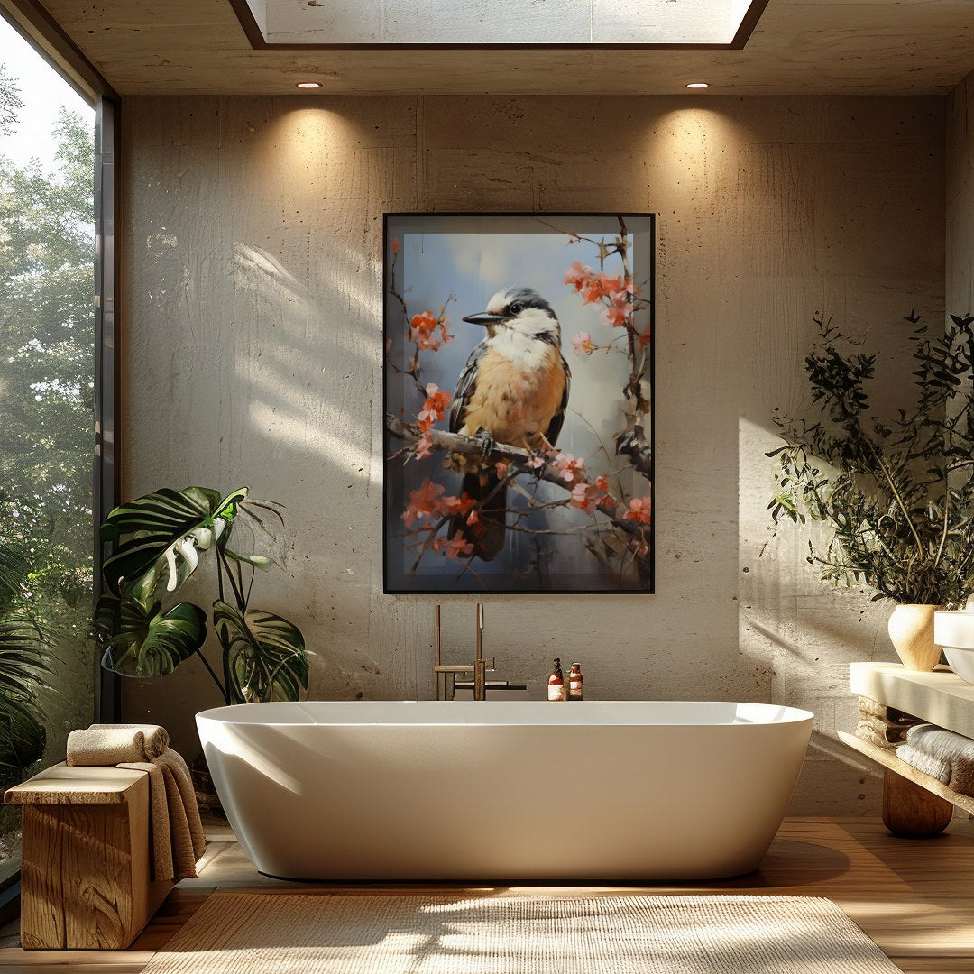Enchant your space with 'Serenade of the Spring Bird,' a captivating artwork capturing a bird for Bathroom