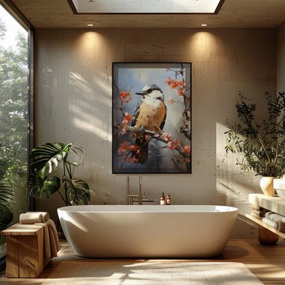 Enchant your space with 'Serenade of the Spring Bird,' a captivating artwork capturing a bird for Bathroom
