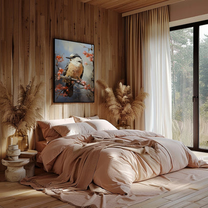Enchant your space with 'Serenade of the Spring Bird,' a captivating artwork capturing a bird for Bedroom