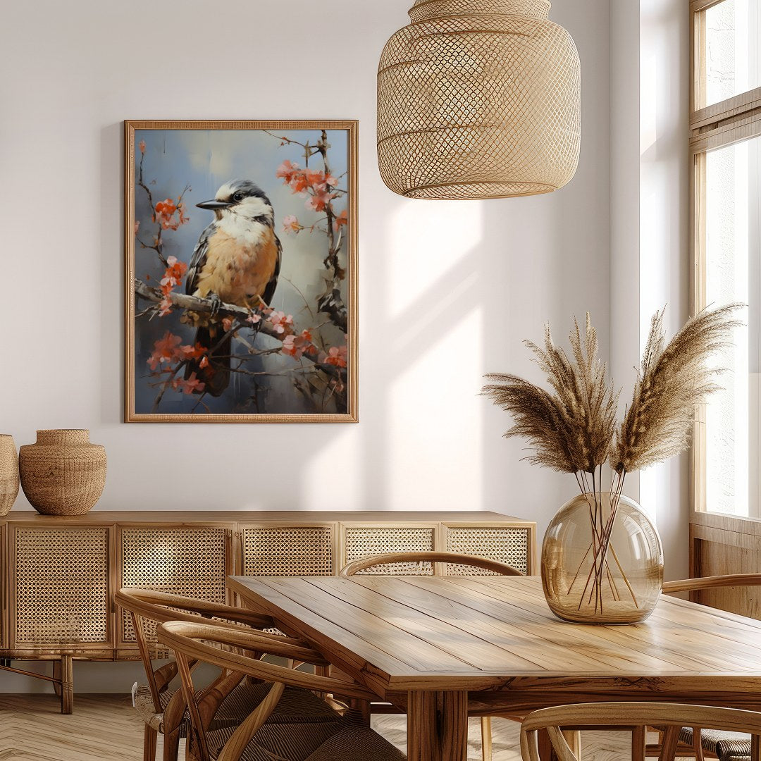 Enchant your space with 'Serenade of the Spring Bird,' a captivating artwork capturing a bird for Extra Kitchen